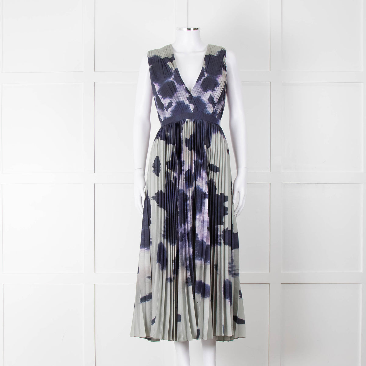 Altuzarra Olive Green Navy Pleated Sleeveless Dress