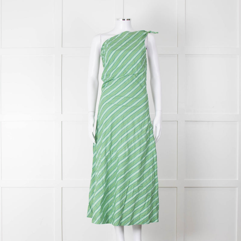Faithfull The Brand Green Striped One Shoulder Cotton Dress