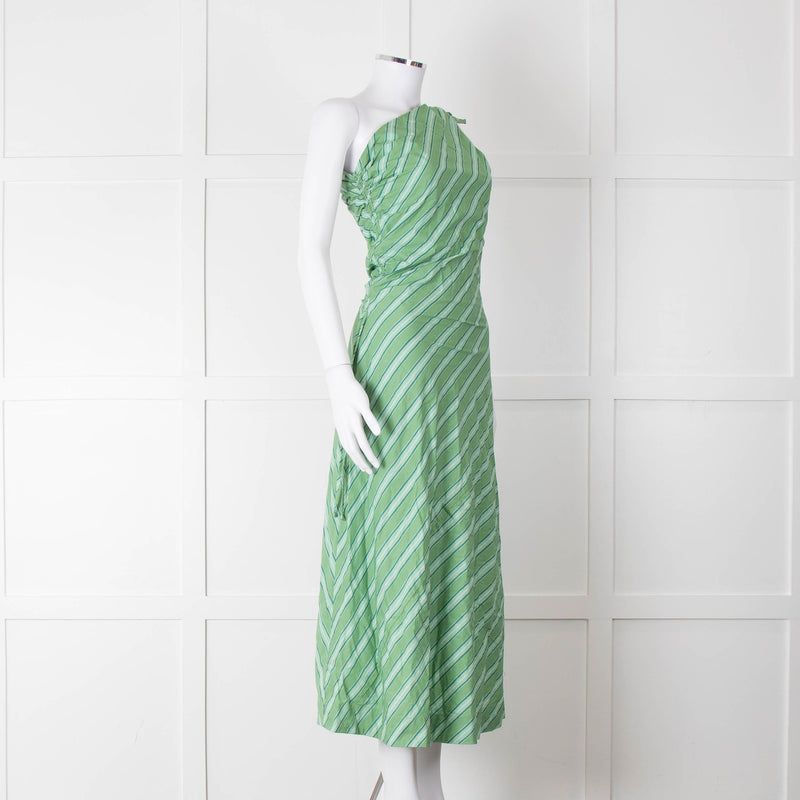 Faithfull The Brand Green Striped One Shoulder Cotton Dress