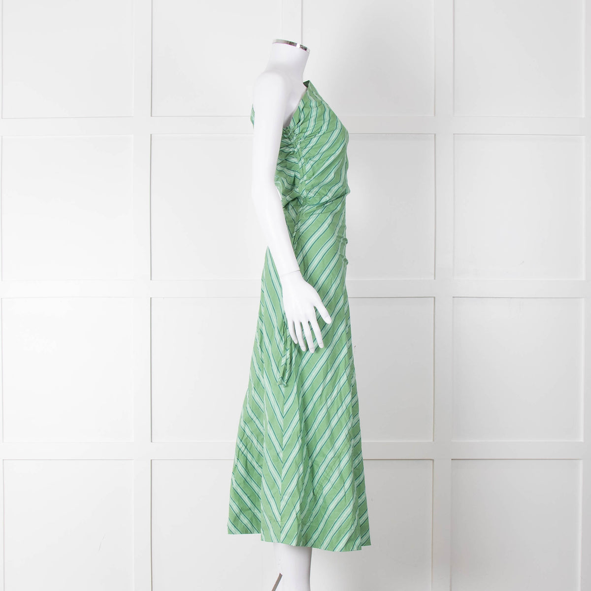 Faithfull The Brand Green Striped One Shoulder Cotton Dress