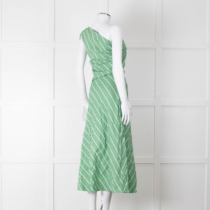 Faithfull The Brand Green Striped One Shoulder Cotton Dress