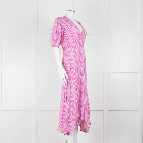 Faithfull The Brand Pink & White Checked Dress With Short Sleeves