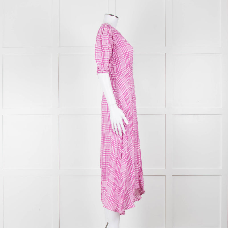 Faithfull The Brand Pink & White Checked Dress With Short Sleeves