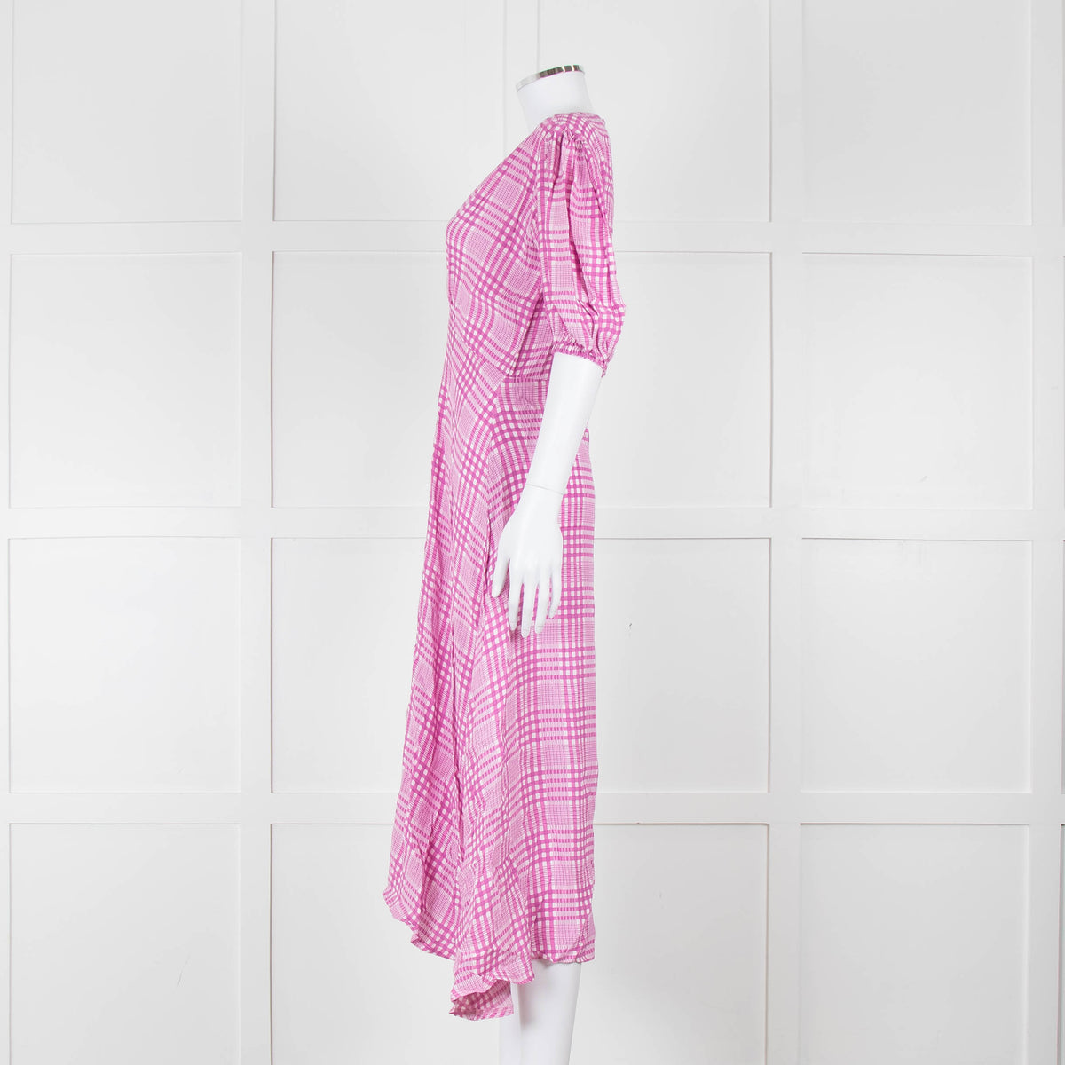 Faithfull The Brand Pink & White Checked Dress With Short Sleeves