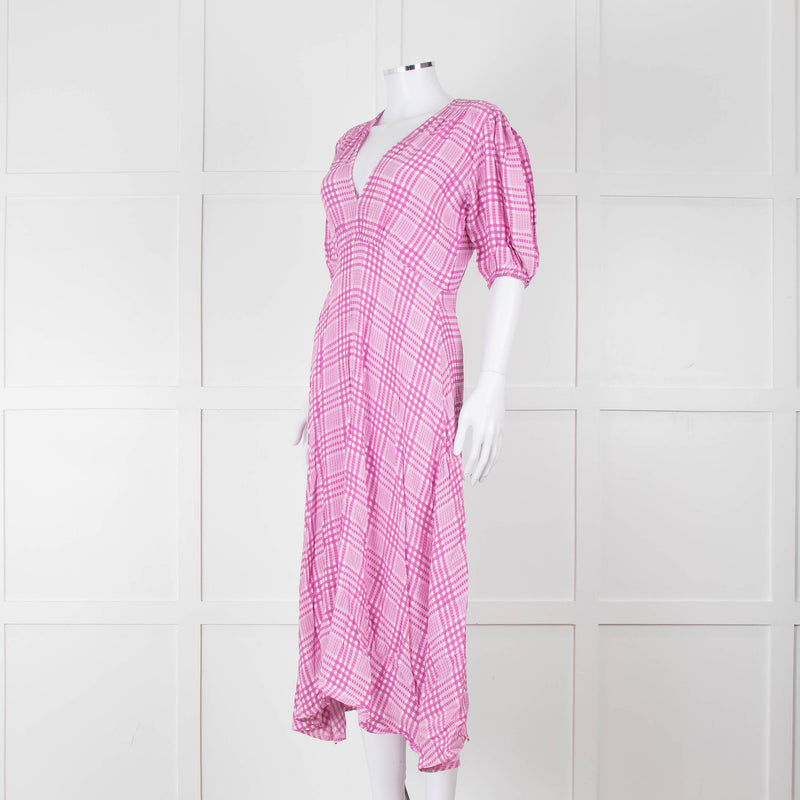 Faithfull The Brand Pink & White Checked Dress With Short Sleeves