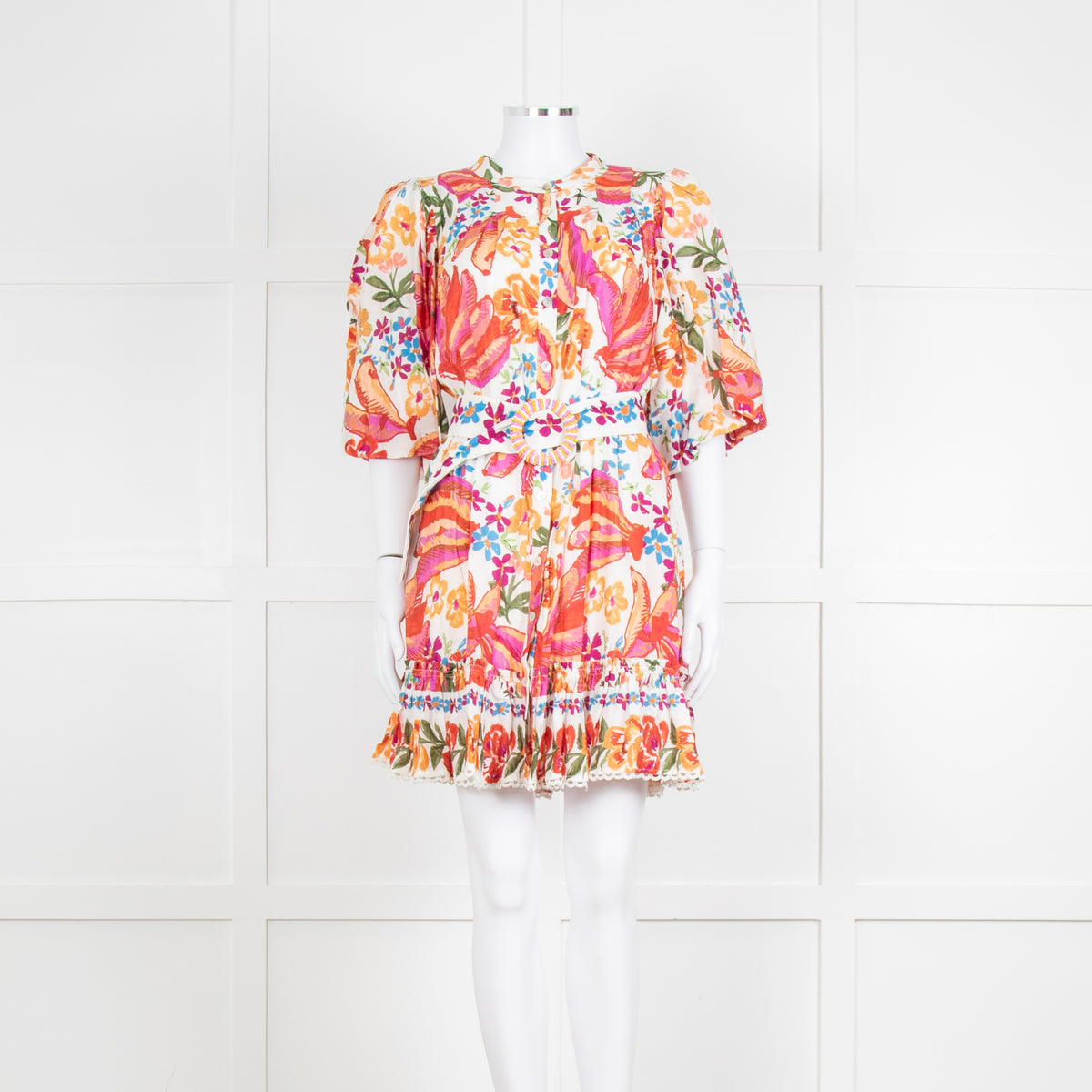 Farm Rio Orange and Pink Spring Bananas Mini Dress with Beaded Belt