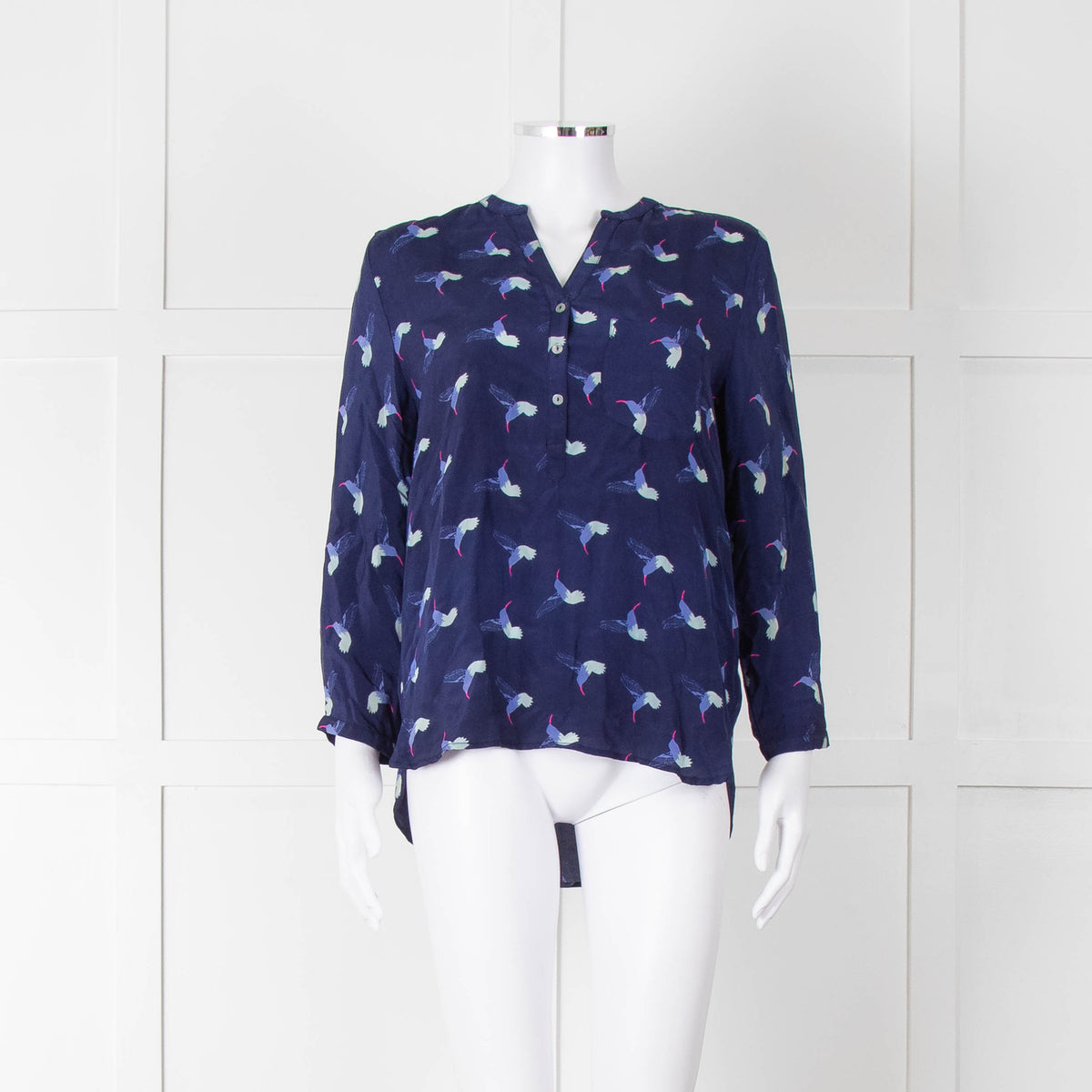 Mercy Delta Navy Blue Bird Print Long Sleeve Top