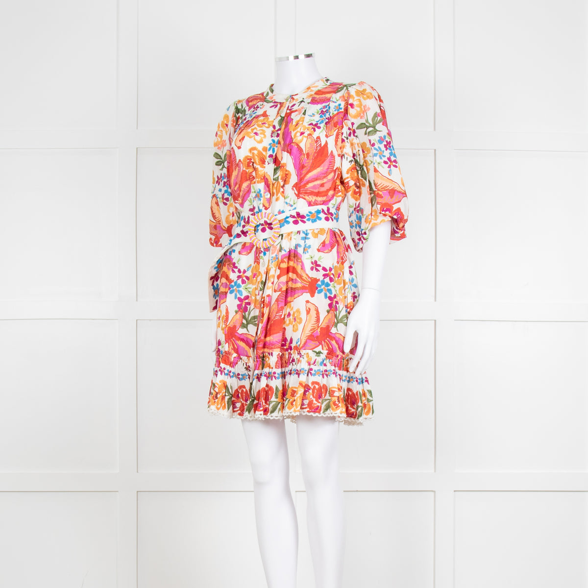 Farm Rio Orange and Pink Spring Bananas Mini Dress with Beaded Belt