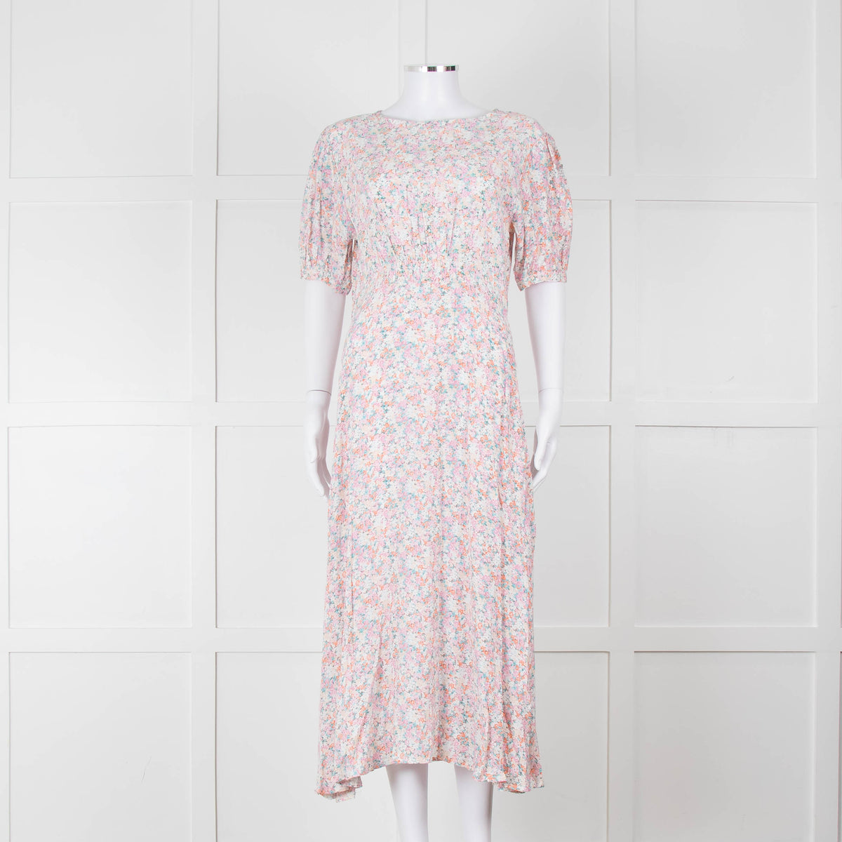 Faithfull The Brand Multicoloured Floral Dress With Short Puff Sleeves & Gathered Waist