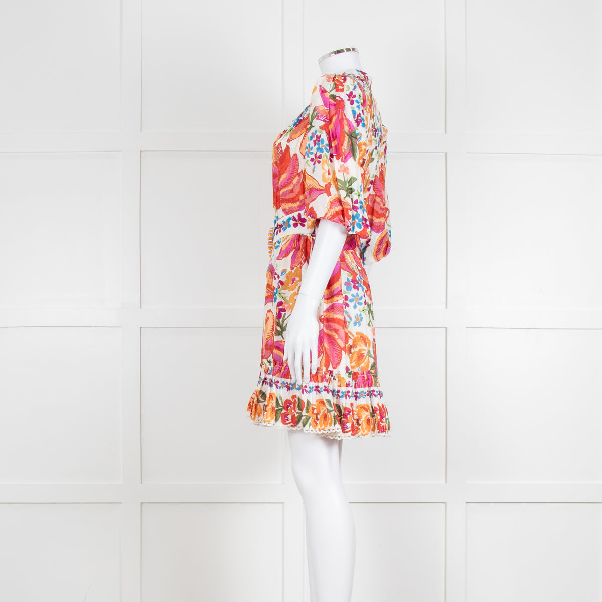 Farm Rio Orange and Pink Spring Bananas Mini Dress with Beaded Belt
