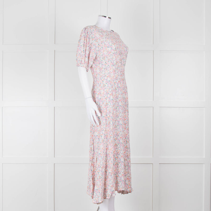 Faithfull The Brand Multicoloured Floral Dress With Short Puff Sleeves & Gathered Waist