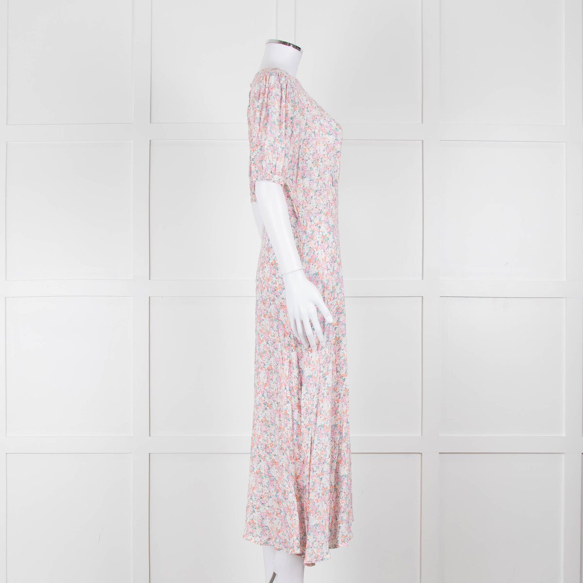 Faithfull The Brand Multicoloured Floral Dress With Short Puff Sleeves & Gathered Waist
