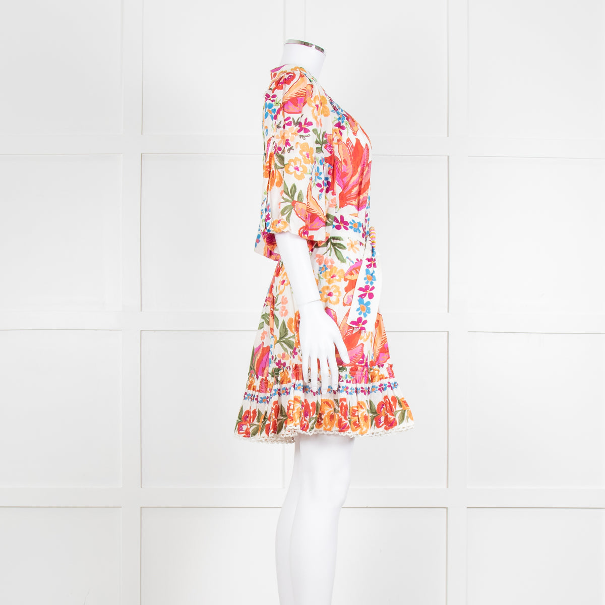 Farm Rio Orange and Pink Spring Bananas Mini Dress with Beaded Belt