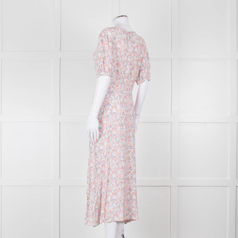 Faithfull The Brand Multicoloured Floral Dress With Short Puff Sleeves & Gathered Waist