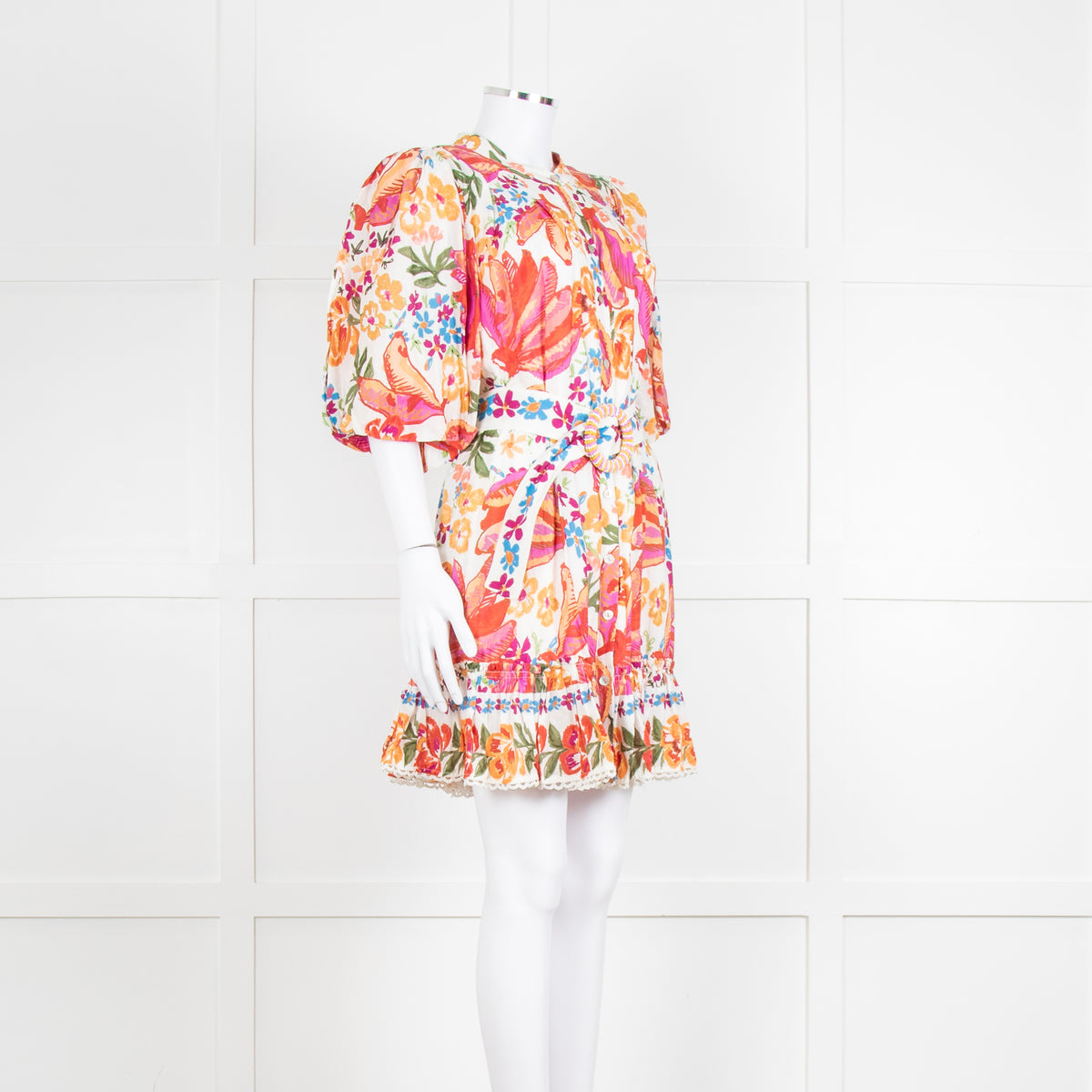 Farm Rio Orange and Pink Spring Bananas Mini Dress with Beaded Belt