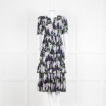 La Vie Rebecca Taylor Black Lilac Green Floral Frill Detail Midi Cotton Dress