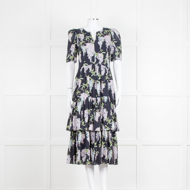 La Vie Rebecca Taylor Black Lilac Green Floral Frill Detail Midi Cotton Dress
