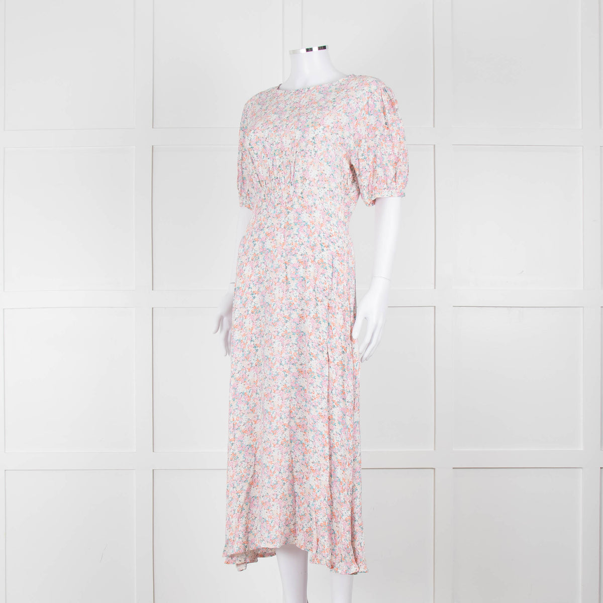 Faithfull The Brand Multicoloured Floral Dress With Short Puff Sleeves & Gathered Waist