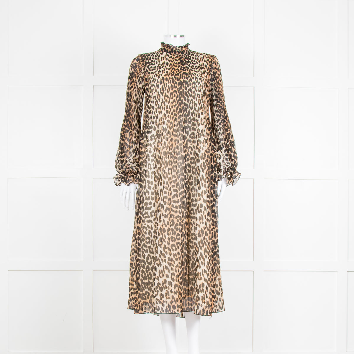 Ganni Leopard Print Plisse Midi Dress