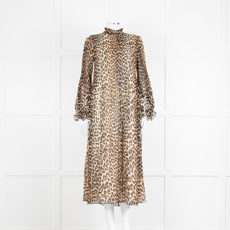 Ganni Leopard Print Plisse Midi Dress