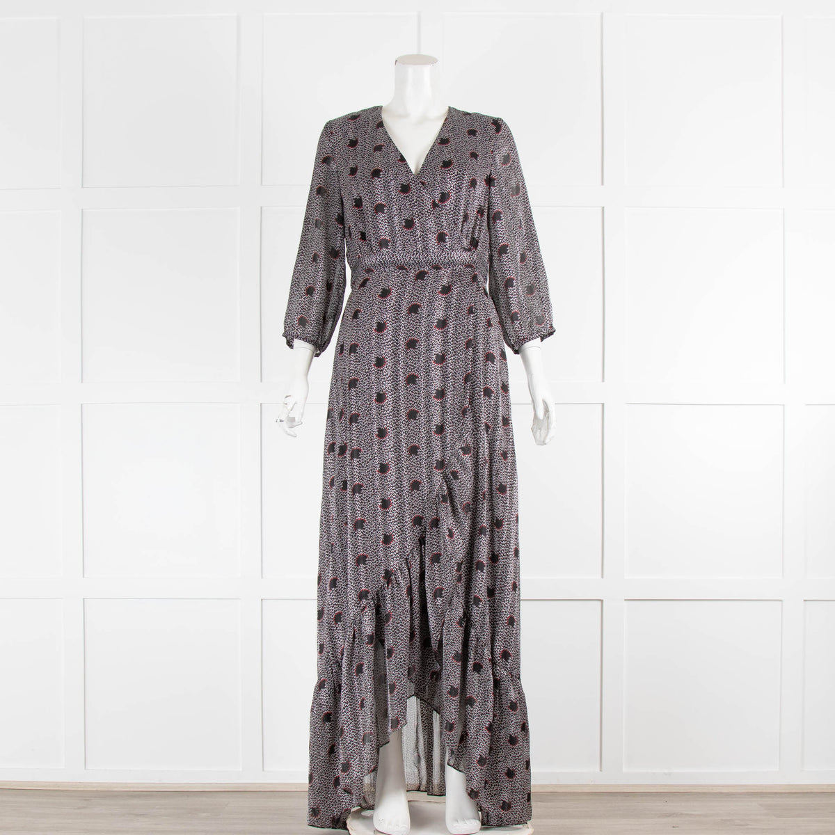 Ba&sh Black White Red Floral Wrap Around Frill Long Dress