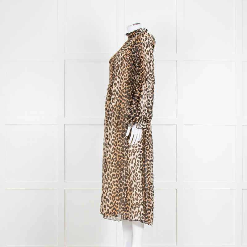 Ganni Leopard Print Plisse Midi Dress