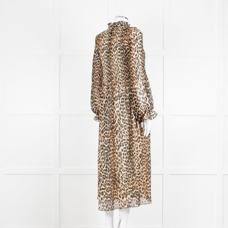 Ganni Leopard Print Plisse Midi Dress