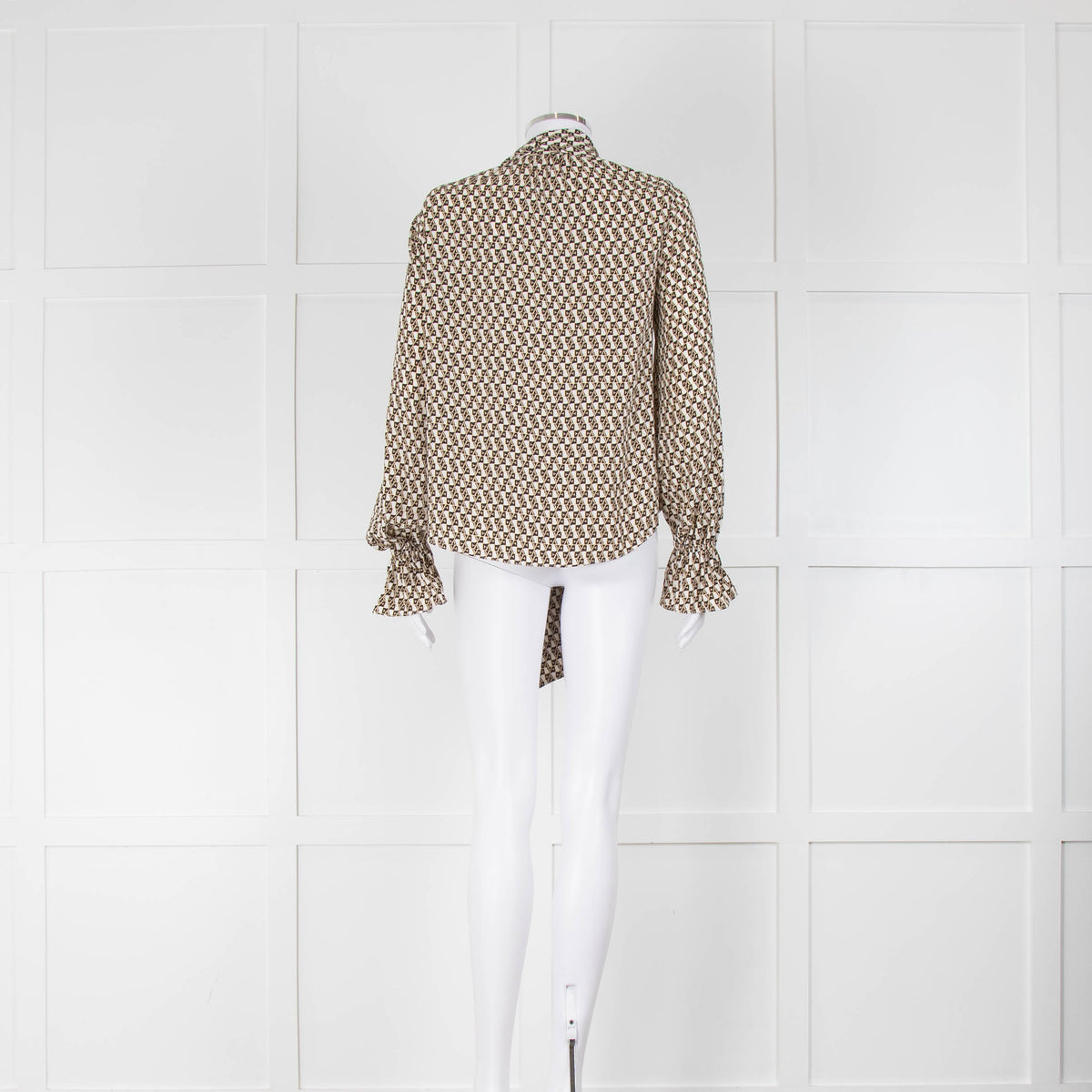 Diane Von Furstenberg White Black Print Pussy Bow Tie Blouse