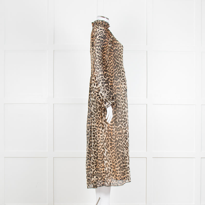 Ganni Leopard Print Plisse Midi Dress