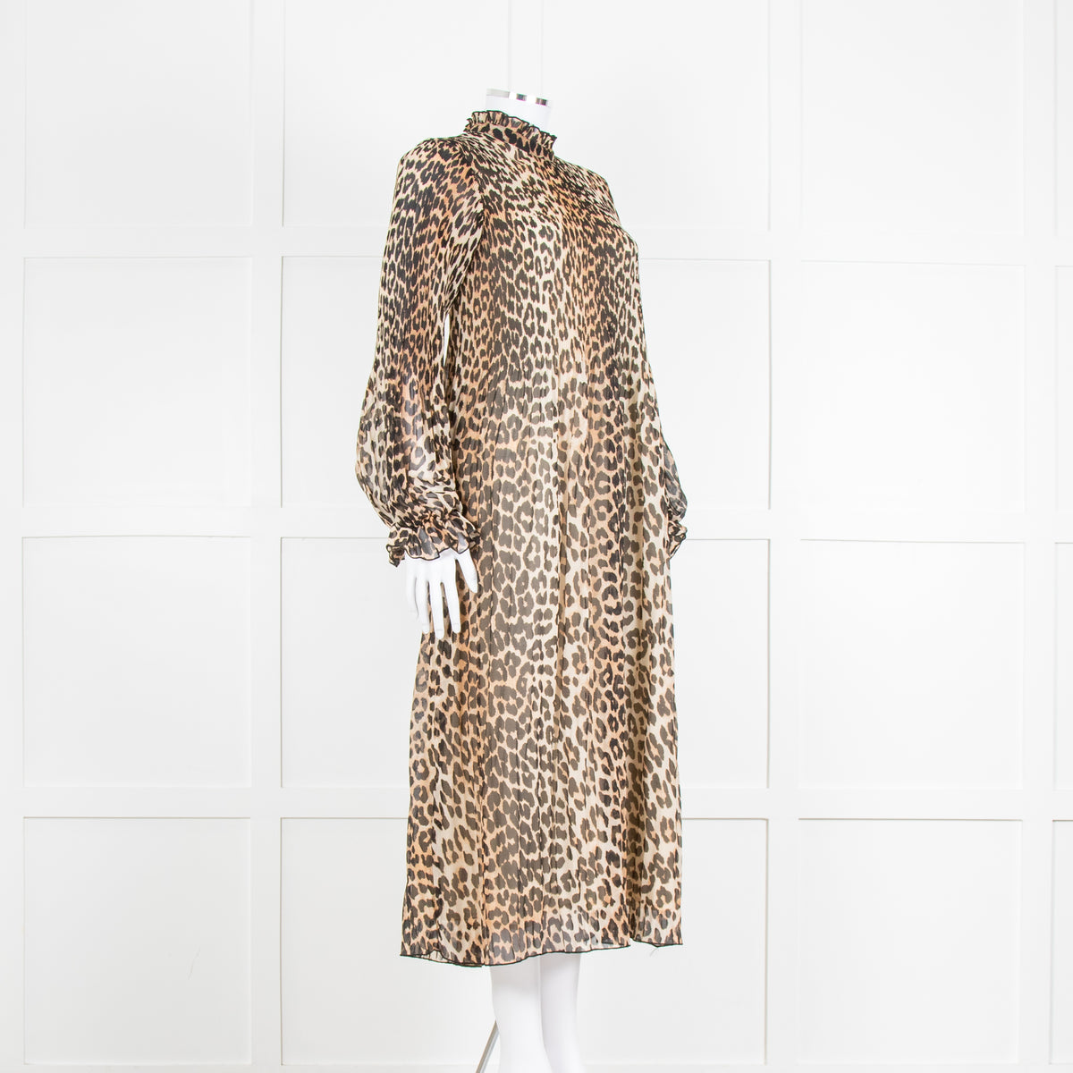 Ganni Leopard Print Plisse Midi Dress