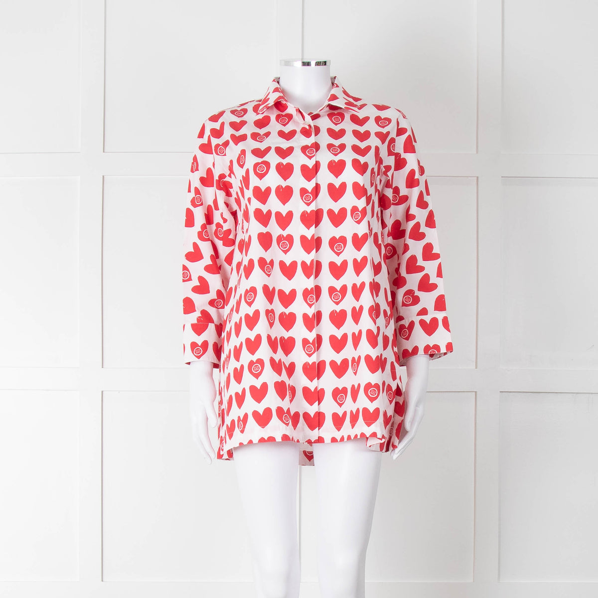 Max Mara White Red Heart Print Cotton Oversized Shirt