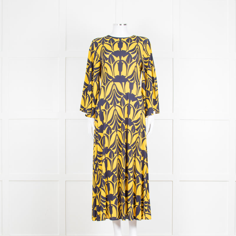 La Double J Yellow and Blue Flower Print Jersey Dress with Fluted Sleeves
