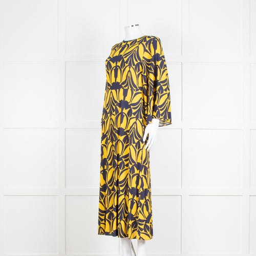 La Double J Yellow and Blue Flower Print Jersey Dress with Fluted Sleeves