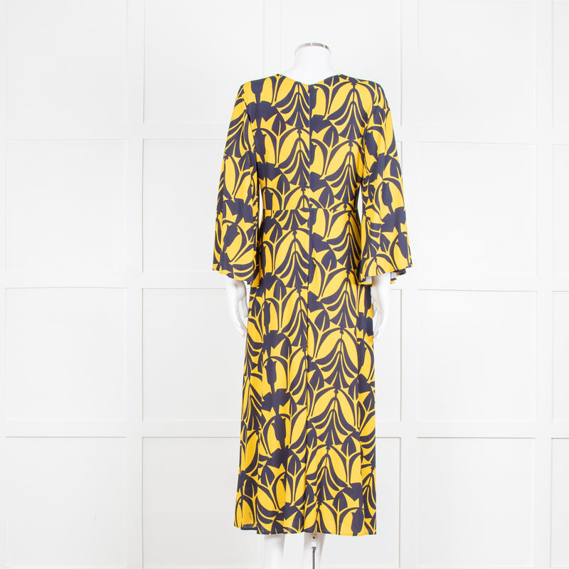 La Double J Yellow and Blue Flower Print Jersey Dress with Fluted Sleeves