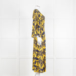 La Double J Yellow and Blue Flower Print Jersey Dress with Fluted Sleeves