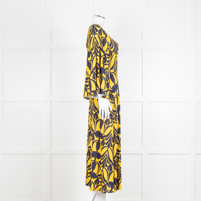 La Double J Yellow and Blue Flower Print Jersey Dress with Fluted Sleeves