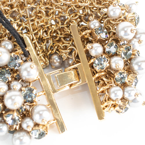 Carolina Herrera Crystal Faux Pearl Gold Tone Wide Bracelet