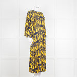 La Double J Yellow and Blue Flower Print Jersey Dress with Fluted Sleeves