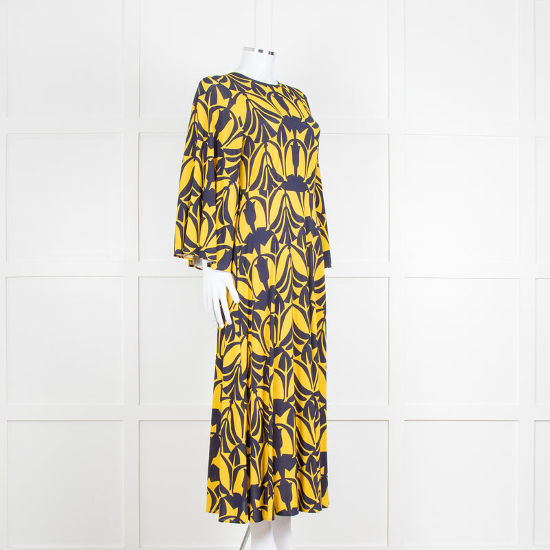 La Double J Yellow and Blue Flower Print Jersey Dress with Fluted Sleeves