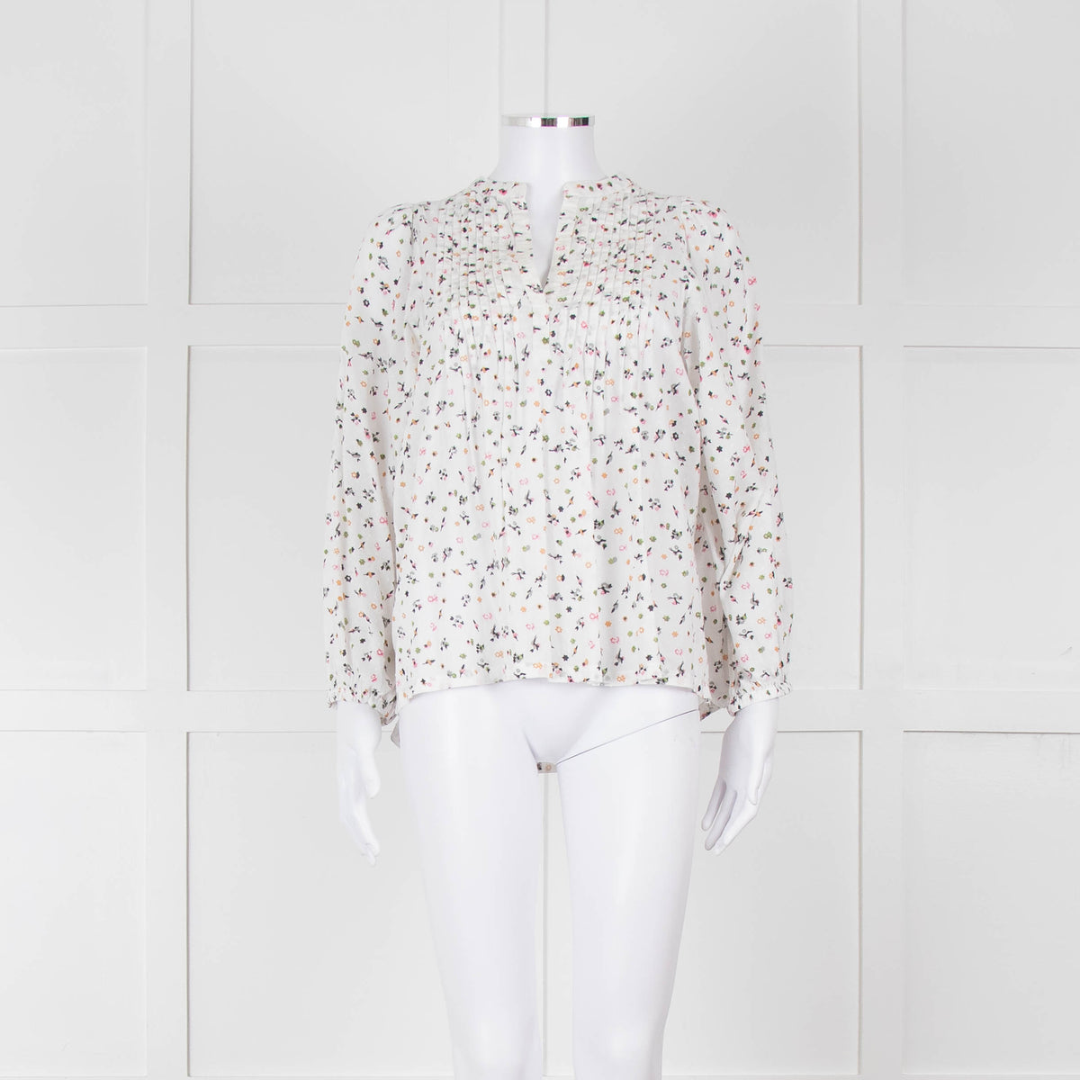 Molin White With Multicolour Floral Pattern & Pleated Front L/S Top