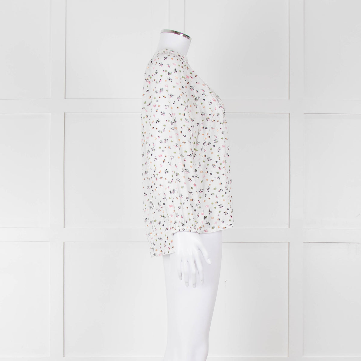 Molin White With Multicolour Floral Pattern & Pleated Front L/S Top