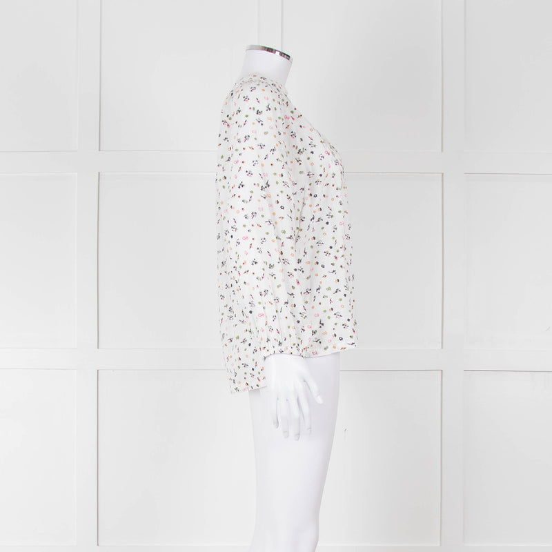 Molin White With Multicolour Floral Pattern & Pleated Front L/S Top