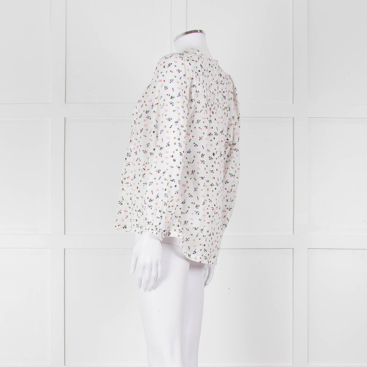 Molin White With Multicolour Floral Pattern & Pleated Front L/S Top