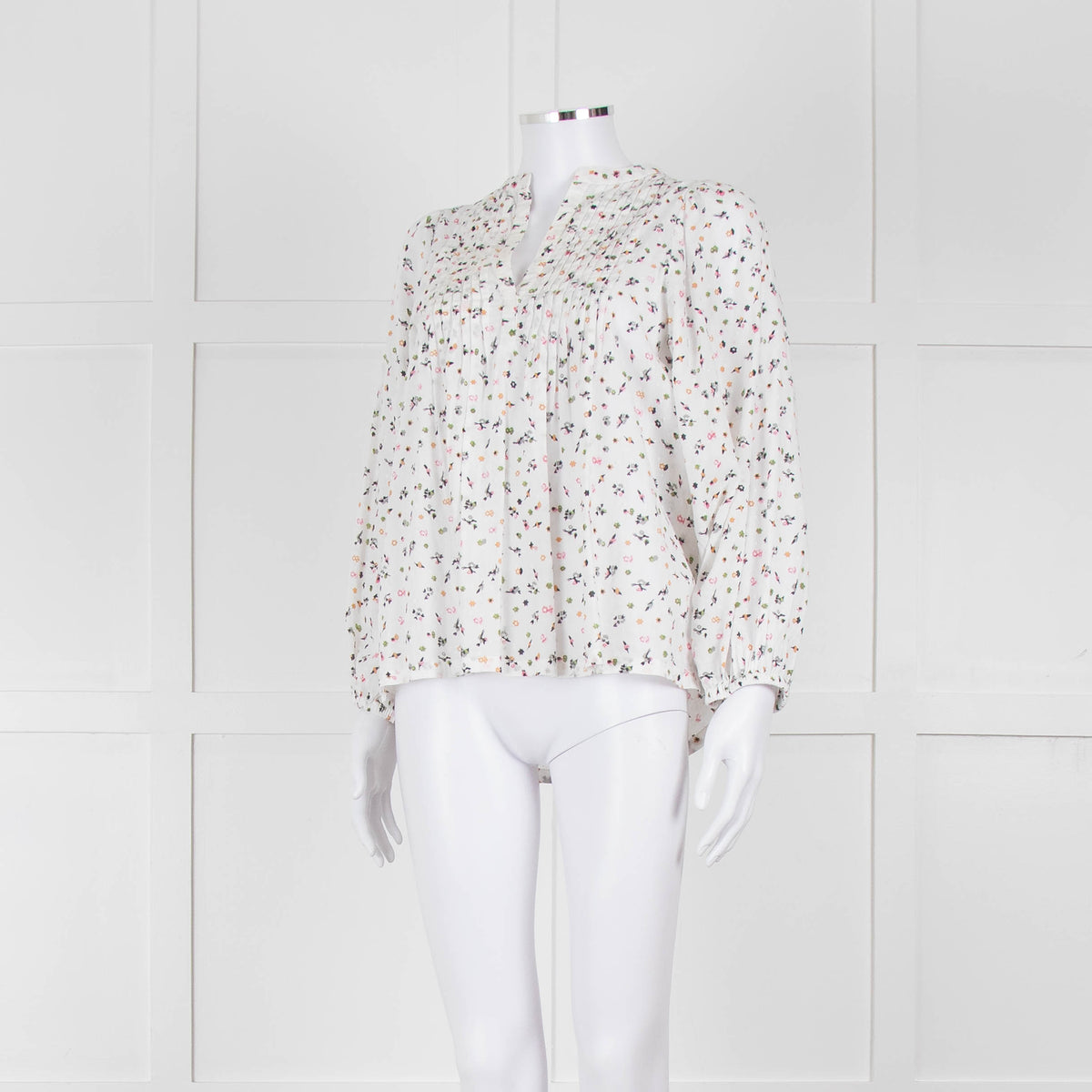 Molin White With Multicolour Floral Pattern & Pleated Front L/S Top