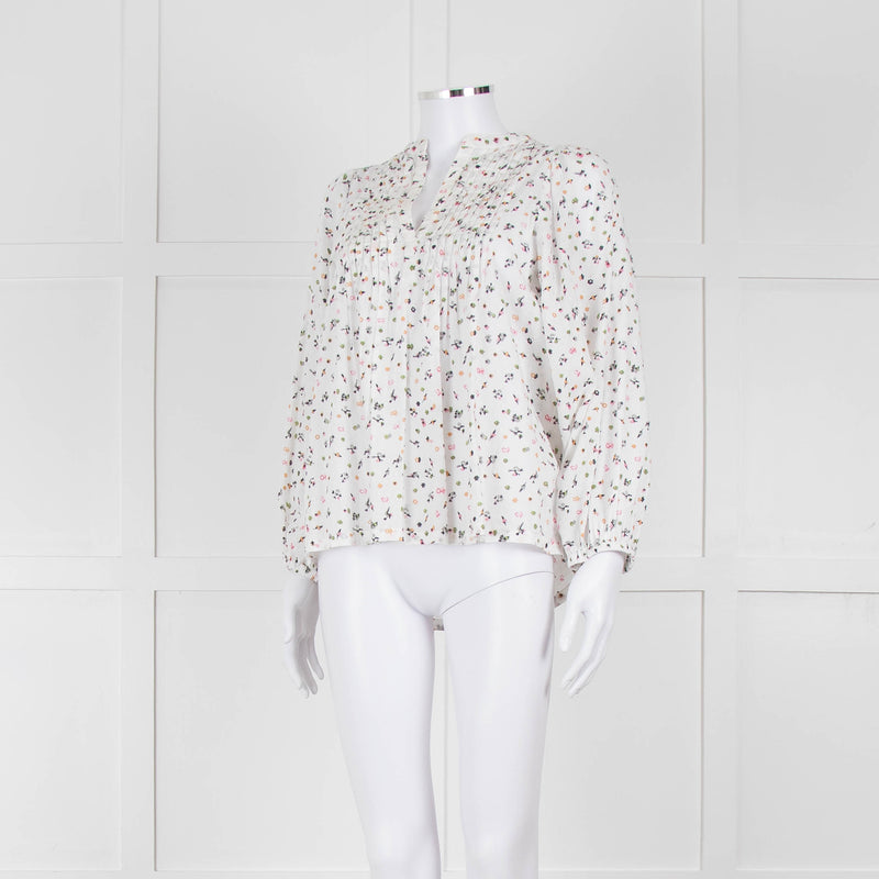 Molin White With Multicolour Floral Pattern & Pleated Front L/S Top