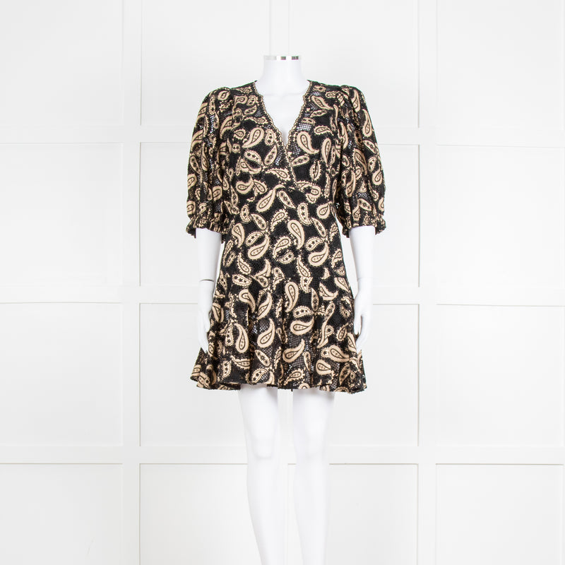 Sandro Beige and Black Paisley Lace Mini Dress