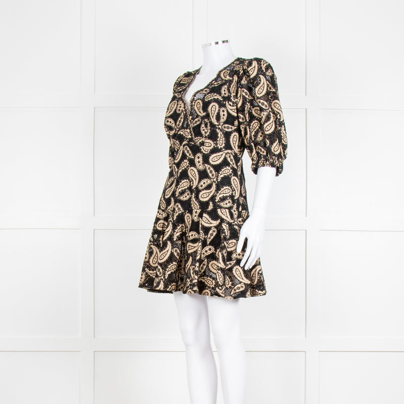 Sandro Beige and Black Paisley Lace Mini Dress