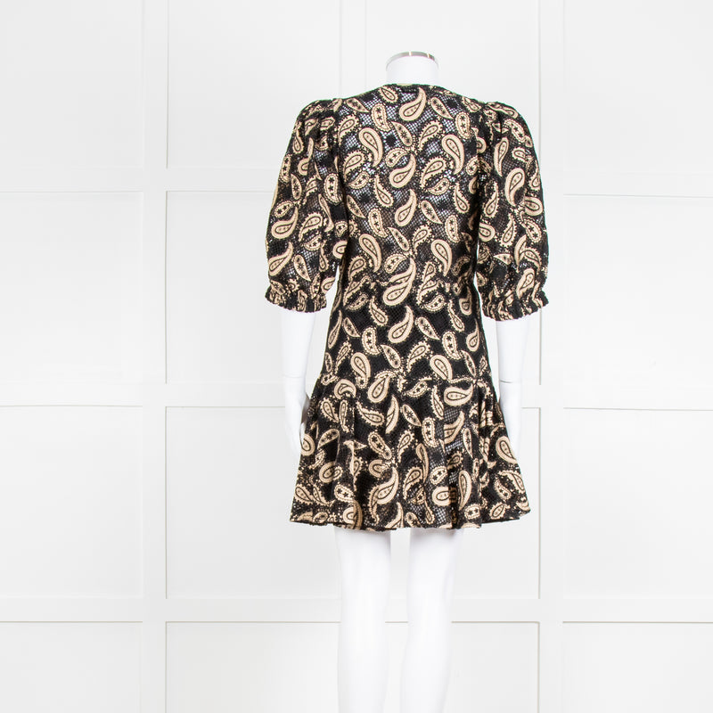 Sandro Beige and Black Paisley Lace Mini Dress