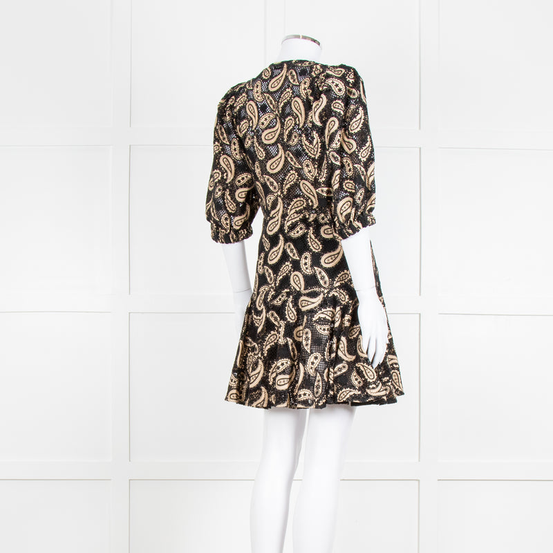 Sandro Beige and Black Paisley Lace Mini Dress