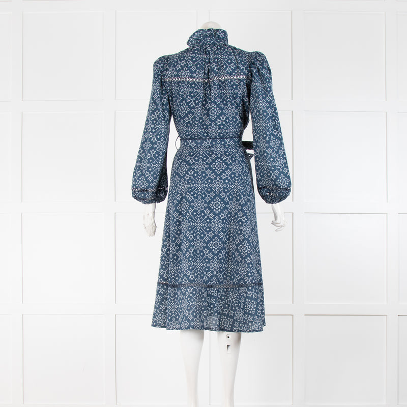 Neve & Noor Blue Long Sleeve Geometric Print Dress with Tie Waist